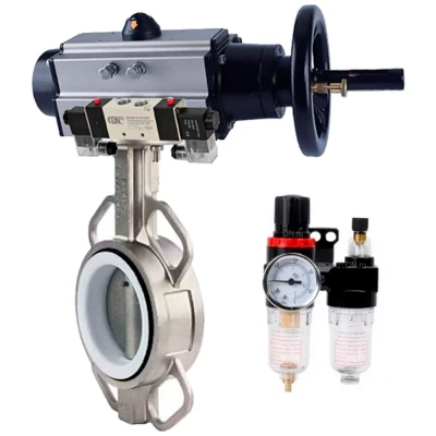 Затвор дисковый поворотный DN.ru WBV3131P-2W-Fb-H Ду100 Ру16, корпус - нержавеющая сталь 304, диск - нержавеющая сталь 304, уплотнение - PTFE, с пневмоприводом PA-DA-105-1, пневмораспределителем 4V320-10 NAMUR AC220V и БПВ AFC2000