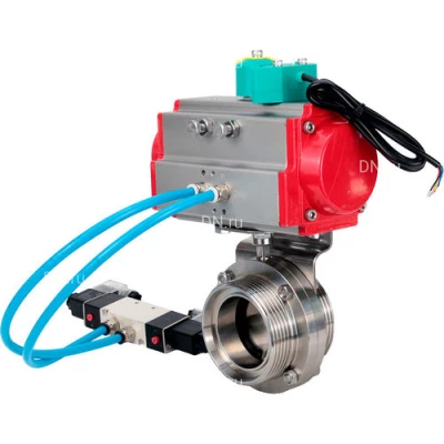 Затворы дисковые поворотные DN.ru WBV3131S-2W-T-H Ду15-100 Ру10, резьбовые, пищевая нержавеющая сталь 304, уплотнение - Silicon, с пневмоприводом PA-DA, пневмораспределителем 4V320-08 NAMUR AC220V и магнитным переключателем ALS200D