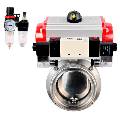 Затворы дисковые поворотные DN.ru WBV3131E-2W-T-H Ду15-100 Ру10 резьбовые, корпус - пищевая нержавеющая сталь 304, уплотнение - EPDM, с пневмоприводом PA-DA, пневмораспределителем 4V320-08 NAMUR AC220V, БПВ AFC2000