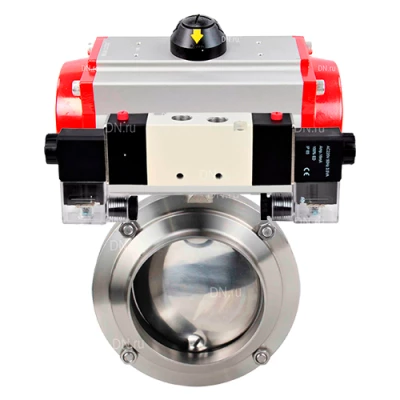 Затворы дисковые поворотные DN.ru WBV3131S-2W-W-H Ду15-100 Ру10, под приварку, пищевая нержавеющая сталь 304, уплотнение - Silicon, с пневмоприводом PA-DA и пневмораспределителем 4V320-10 NAMUR AC220V