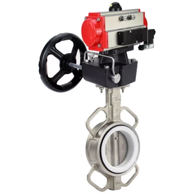 Затворы дисковые поворотные DN.ru WBV3232P-2W-Fb-H Ду40-300 Ру16, корпус - нержавеющая сталь 316L, диск - нержавеющая сталь 316L, уплотнение - PTFE, с пневмоприводом PA-DA, пневмораспределителем 4V320-10 NAMUR AC220V, ручным дублером MON