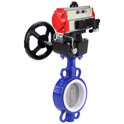 Затворы дисковые поворотные DN.ru WBV3432P-2W-Fb-H Ду40-300 Ру16, корпус - углеродистая сталь WCB, диск - нержавеющая сталь 316L, уплотнение - PTFE, с пневмоприводом PA-DA, пневмораспределителем 4V320-10 NAMUR AC220V, ручным дублером MON