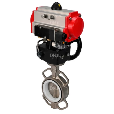 Затвор дисковый поворотный DN.ru WBV3131P-2W-Fb-H Ду80 Ру16, корпус - нержавеющая сталь 304, диск - нержавеющая сталь 304, уплотнение - PTFE, с пневмоприводом PA-DA-083, пневмораспределителем 4V320-10 NAMUR AC220V и ручным дублером MON2-450-T28-ISO
