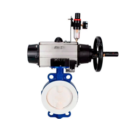 Затворы дисковые поворотные DN.ru WBV3434Pf-2W-Fb-R Ду150-200 Ру16, корпус - углеродистая сталь WCB, диск - углеродистая сталь WCB, футерованный PTFE, уплотнение - PTFE, с пневмоприводом PA-DA-105-1, пневморапределителем 4М310-08 24В NAMUR и БПВ AFC2000