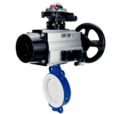 Затворы дисковые поворотные DN.ru WBV3434Pf-2W-Fb-R Ду150-200 Ру16, корпус - углеродистая сталь WCB, диск - углеродистая сталь WCB, футерованный PTFE, уплотнение - PTFE, с пневмоприводом PA-DA-105-1, пневморапределителем 4М310-08 24В NAMUR и БКВ APL-210N