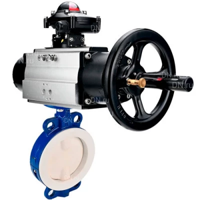 Затворы дисковые поворотные DN.ru WBV3434Pf-2W-Fb-R Ду150-200 Ру16, корпус - углеродистая сталь WCB, диск - углеродистая сталь WCB, футерованный PTFE, уплотнение - PTFE, с пневмоприводом PA-DA-105-1 и БКВ APL-210N