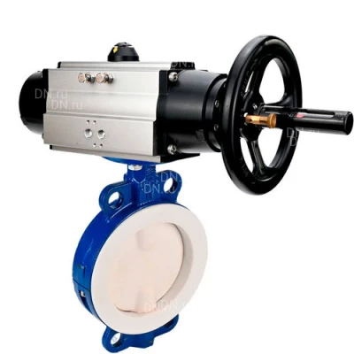 Затворы дисковые поворотные DN.ru WBV3434Pf-2W-Fb-R Ду150-200 Ру16, корпус - углеродистая сталь WCB, диск - углеродистая сталь WCB, футерованный PTFE, уплотнение - PTFE, с пневмоприводом PA-DA-105-1