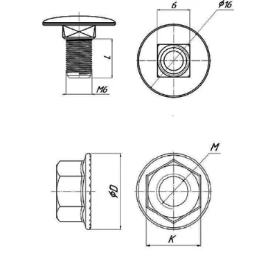 Комплект соединительный EKF PROxima 6х16 мм (Винт М6 +гайка) TDZ, материал - сталь, 200 шт