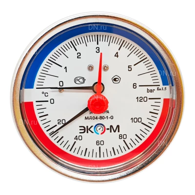 Термоманометр ЭКОМЕРА МД04-80мм 6бар 120°С G1/4″ L=60мм осевое присоединение, с переходником на G1/2″