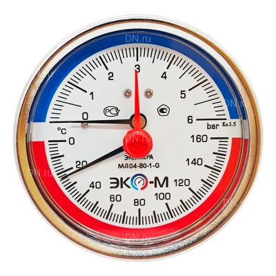 Термоманометр ЭКОМЕРА МД04-80мм 6бар 160°С G1/4″ L=60мм осевое присоединение, с переходником на G1/2″