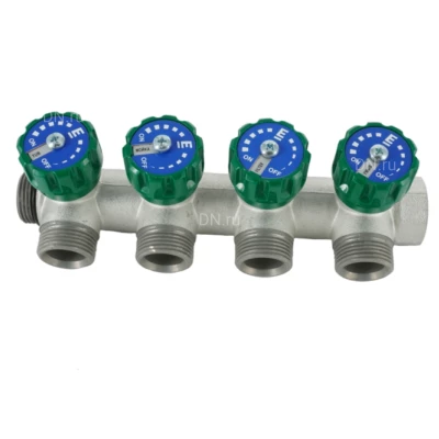 Коллектор модульный ELSEN TIN 3/4″ Ду20 Ру10 корпус – латунь CW617N, покрытие – оловянное, 4 контура, размер отвода – 3/4″ присоединение – евроконус, вентили под 90°