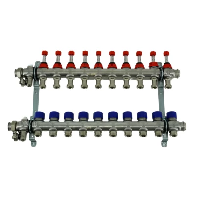 Коллекторная группа ELSEN 1″ Ду25 Ру4 корпус - нержавеющая сталь, 10 контуров, размер отвода – 3/4″, с вентилями и расходомерами