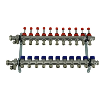 Коллекторная группа ELSEN 1″ Ду25 Ру4 корпус - нержавеющая сталь, 11 контуров, размер отвода – 3/4″, с вентилями и расходомерами