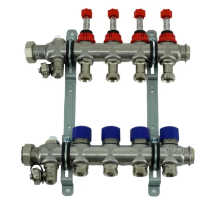 Коллекторная группа ELSEN 1″ Ду25 Ру4 корпус - нержавеющая сталь, 4 контура, размер отвода – 3/4″, с вентилями и расходомерами