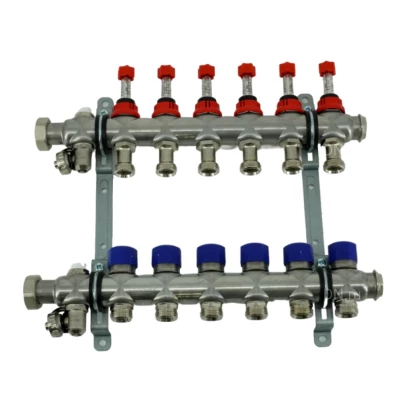 Коллекторная группа ELSEN 1″ Ду25 Ру4 корпус - нержавеющая сталь, 7 контуров, размер отвода – 3/4″, с вентилями и расходомерами