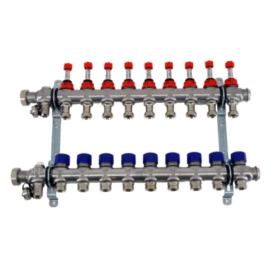 Коллекторная группа ELSEN 1″ Ду25 Ру4 корпус - нержавеющая сталь, 9 контуров, размер отвода – 3/4″, с вентилями и расходомерами