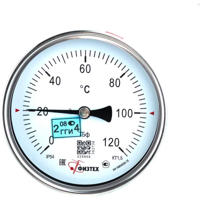 Термометр осевой ФИЗТЕХ ТБф-120 d-100 U=64 (0-120°C), биметаллический 100 мм, тип -ТБф-120, осевое соединение, шкала (0-120°С), погружной шток U=64, IP54, присоединение A2.0х14, класс точности 1.5