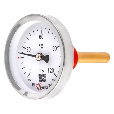 Термометр осевой ФИЗТЕХ ТБф-120 d-63 U=100 (0-120°C), биметаллический 63 мм, тип -ТБф-120, осевое соединение, шкала (0-120°C), погружной шток U=100, IP54, присоединение A2.0х14, класс точности 2.5