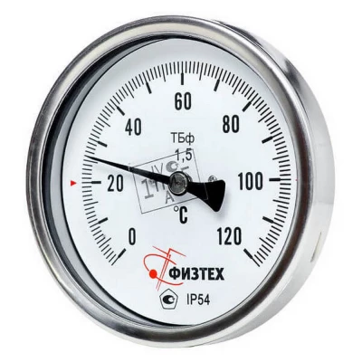 Термометр осевой ФИЗТЕХ ТБф-221 d-100 L=400 (-10-110°C), биметаллический коррозионностойкий 100 мм, тип -ТБф-221, осевое соединение, шкала (-10-110°C), погружной шток L=400, IP65, присоединение М20х1.5, класс точности 1.0