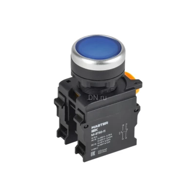Кнопка IEK MASTER MI-BT60-11D-3-12-K07 Ду22 1NO+1NC с подсветкой, тип кнопки - плоская, синяя, степень защиты IP65