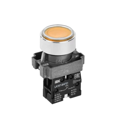 Кнопка управления IEK LA167-BAF51 1NO Ду22, тип кнопки - плоская, желтая, напряжение - 660В, степень защиты IP65