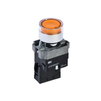 Кнопка управления IEK LA167-BW3571 RC 1NO Ду22 с подсветкой, тип кнопки - плоская, желтая, напряжение - 660В, степень защиты IP65