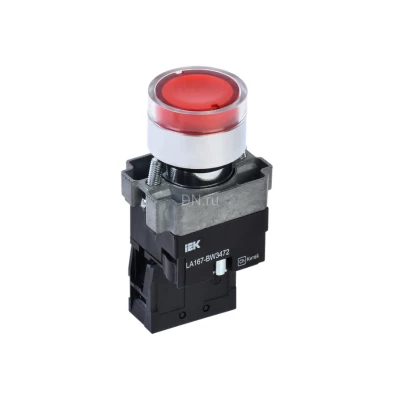 Кнопка управления IEK LA167-BWF3472 RC 1NO Ду22 с подсветкой, тип кнопки - плоская, красная, напряжение - 660В, степень защиты IP65