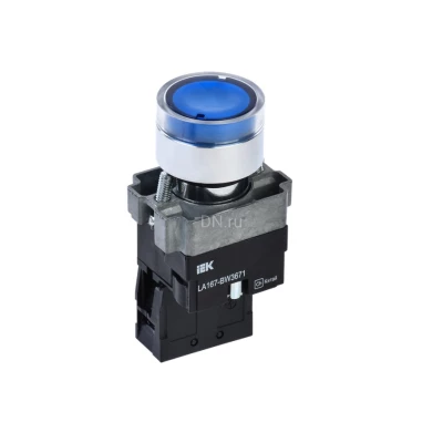 Кнопка управления IEK LA167-BW3671 RC 1NO Ду22 с подсветкой, тип кнопки - плоская, синяя, напряжение - 660В, степень защиты IP65