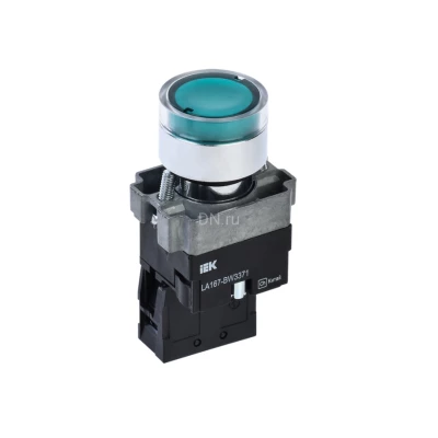 Кнопка управления IEK LA167-BWF3371 RC 1NO Ду22 с подсветкой, тип кнопки - плоская, зеленая, напряжение - 660В, степень защиты IP65