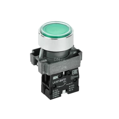 Кнопка управления IEK LA167-BAF31 1NO Ду22, тип кнопки - плоская, зеленая, напряжение - 660В, степень защиты IP65