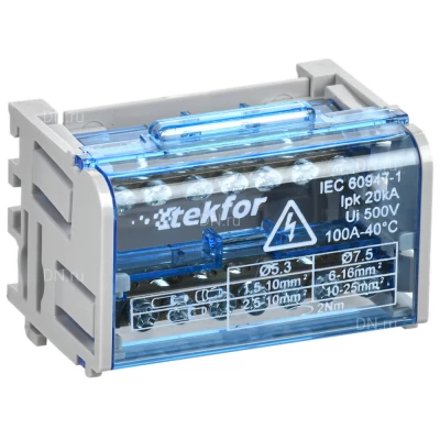 Кросс-модуль IEK TEKFOR ШНК 2х7 L+PEN, номинальный ток - 100А, материал корпуса - пластик, материал шины - латунь, количество шин - 2шт, количество контактов - 14шт, TF-DN10-2-07-100