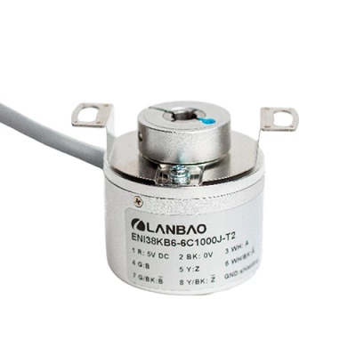 Энкодеры инкрементальные LANBAO ENI38KB6, материал корпуса - алюминиевый сплав, полый глухой вал - 6мм, разрешение - 1000-32768имп/об, выход - NPN, кабель - 1-5м, напряжение - 5/8-30В, IP50/65