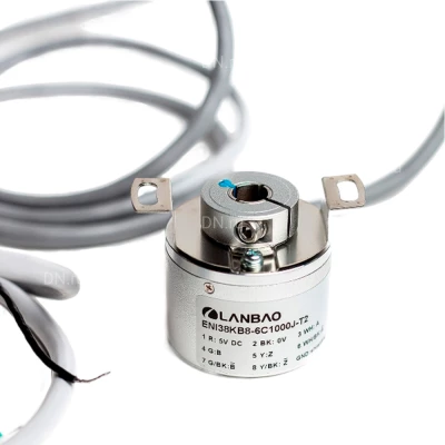 Энкодер инкрементальный LANBAO ENI38KB8-6C4096JD-T2, материал корпуса - алюминиевый сплав, полый глухой вал - 8мм, разрешение - 4096имп/об, выход - TTL, кабель - 2м, напряжение - 5В, IP65