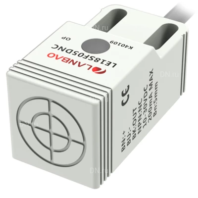 Датчик индуктивный LANBAO LE18SF05DPC прямоугольный, монтаж - заподлицо, расстояние срабатывания - 5мм, тип выходного сигнала - PNP NC, соединение - кабель 2м, материал корпуса - пластик, IP67