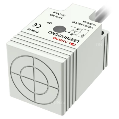 Датчик индуктивный LANBAO LE25SF07DPC прямоугольный, монтаж - заподлицо, расстояние срабатывания - 7мм, тип выходного сигнала - PNP NC, соединение - кабель 2м, материал корпуса - пластик, IP67