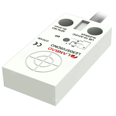 Датчик индуктивный LANBAO LE50SF05DPO прямоугольный, монтаж - заподлицо, расстояние срабатывания - 5мм, тип выходного сигнала - PNP NO, соединение - кабель 2м, материал корпуса - пластик, IP67