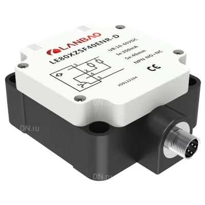 Датчик индуктивный LANBAO LE80XZSN70ATCY-E2 прямоугольный, монтаж - незаподлицо, расстояние срабатывания - 70мм, тип выходного сигнала - 2-х проводной NC, соединение - разъем M12, материал корпуса - пластик, IP67