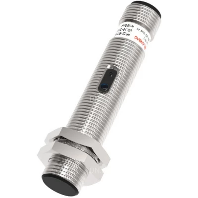 Датчик оптический LANBAO PR12-BC15DPR-E2, цилиндрический корпус, диффузный, выход PNP, питание - 12-24В, разъем M12, IP67, расстояние срабатывания - 150мм, материал корпуса - латунь никелированная