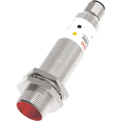 Датчик оптический LANBAO PR18-YC10DNR-E2, цилиндрический корпус, диффузный, выход NPN, питание - 12-24В, разъем M12, IP67, расстояние срабатывания - 100мм, материал корпуса - латунь никелированная