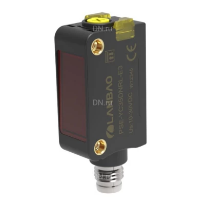 Датчик оптический LANBAO PSE-YC35DPRL-E3, прямоугольный корпус, диффузный, выход PNP, питание - 12-24В, разъем M8 4-pin, IP67, расстояние срабатывания - 350мм, материал корпуса - пластик