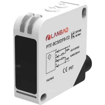 Датчик оптический LANBAO PTE-BC200SK-E5, прямоугольный корпус, диффузный, выход реле, питание - 24-240В, разъем M12, IP67, расстояние срабатывания - 2000мм, материал корпуса - пластик