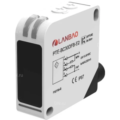Датчики оптические LANBAO PTE-E5, прямоугольный корпус, диффузные, выход реле, питание - 24-240В, разъем M12, IP67, расстояние срабатывания - 300-2000мм, материал корпуса - пластик