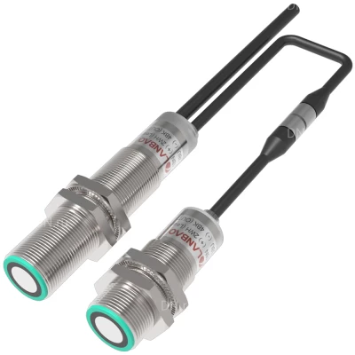 Датчик ультразвуковой LANBAO UR18-DC60D3PO двойного листа, расстояние срабатывания - 30-60мм, тип выходного сигнала - трехпроводной PNP, кабель PVC 2м, корпус - латунь никелированная, IP67