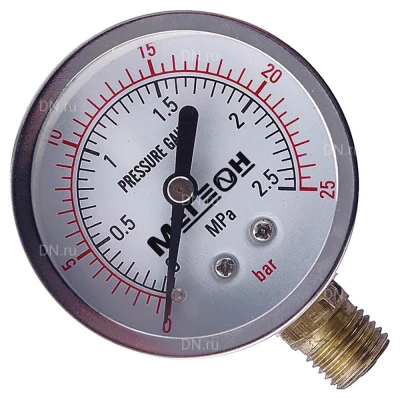 Манометр МЕГЕОН 98025М для опрессовочного насоса, предельное давление – 2.5MПa, радиальное присоединение, резьба М14х1.5