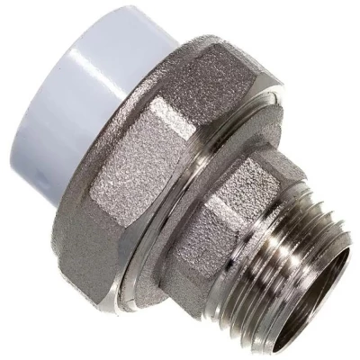 Муфта разъемная Политэк Дн20x1/2″ Ру25, присоединение - под приварку/наружная резьба, корпус - полипропилен, цвет - белый