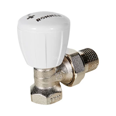 Клапаны ручной регулировки ROMMER RVR-0002 1/2-3/4″ Ду15-20 Ру10 для радиаторов, угловые, корпус - латунь, покрытие - никель, уплотнение - EPDM