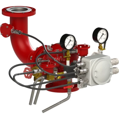 Узел управления Спецавтоматика УУ-Д150/1,6(Р,Э24,Г0,07)-ВФ.У3.1 Ду150 Ру16 ВР, с отводом и СУЖ, с комбинированным приводом, взрывозащищенный, цвет - красный