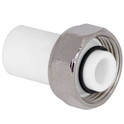 Штуцер TEBO Дн20х3/4″ Ру20 комбинированный, евроконус с накидной гайкой, корпус - полипропилен PP-R, белый
