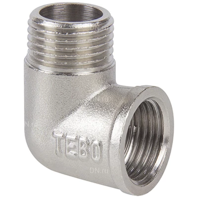 Угольник TEBO 3/4″ Ду20 Ру40 равнопроходной, внутренняя/наружная резьба, корпус - латунь никелированная