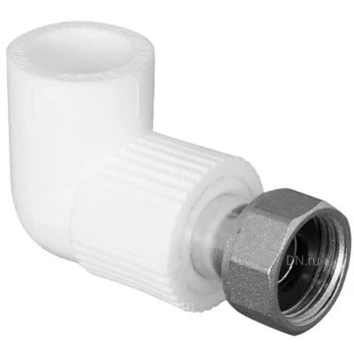 Угольник TEBO Дн20х1/2″ Ру20 комбинированный, сварка/накидная гайка, корпус - полипропилен PP-R, белый